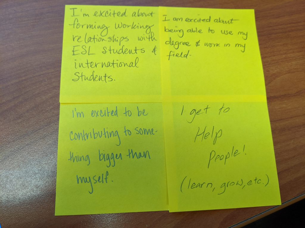 Yellow sticky notes on which new tutors have written things they are excited about in regard to tutoring, which illustrates the positive emotional labors of tutoring