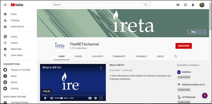 Black text on white background describing the IRETA video channel on YouTube along with still image of white writing on blue background that is a still image from the informational video.