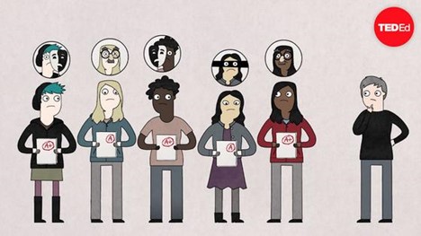 Screen capture from animated video showing people standing in a row holding graded papers with letter grades on them.