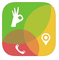 iTunes logo: green circle with "okay" hand signal icon, yellow circle with GPS locator icon, red circle with telephone icon